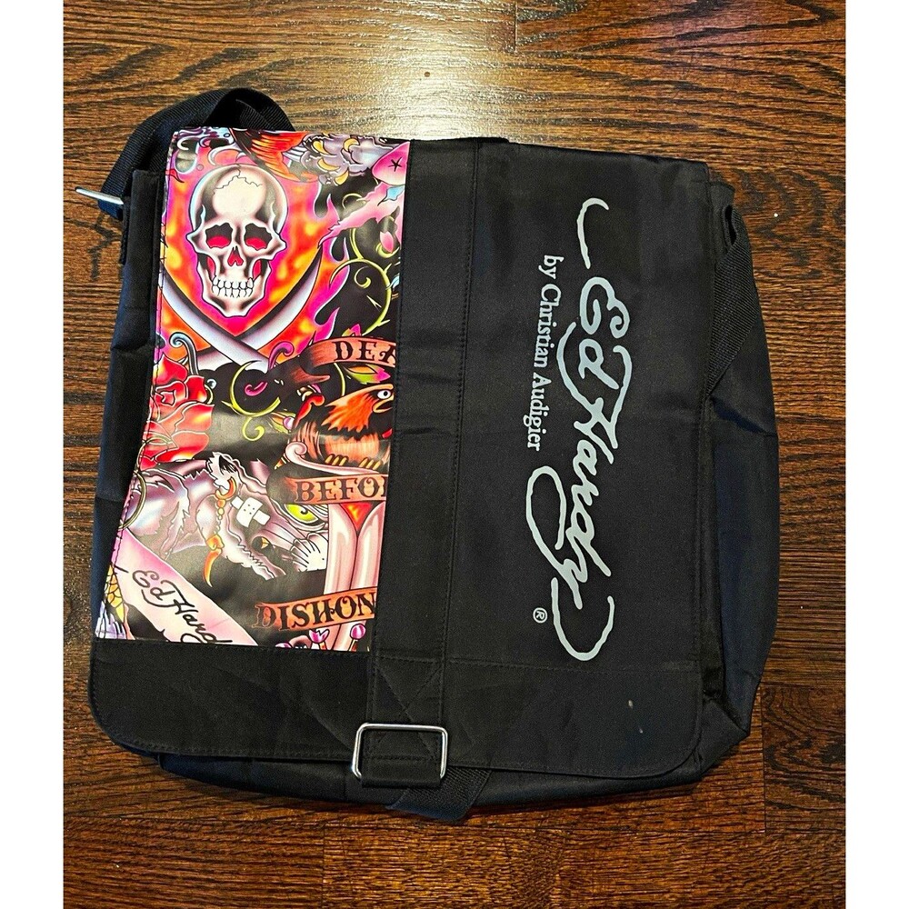 Ed Hardy Large Black Messenger Bag Skull Graphic Print Adjustable Strap Pockets